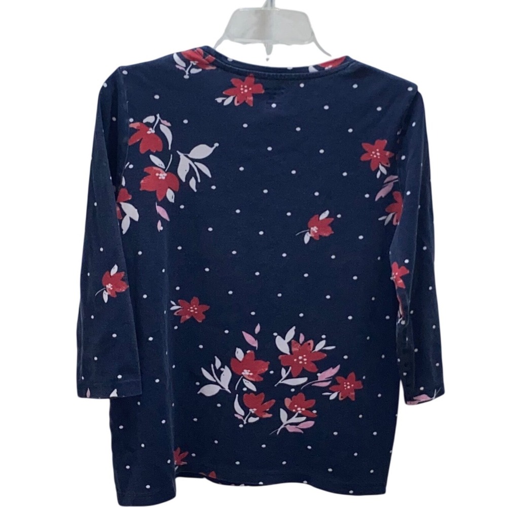 Kim Rogers Perfectly Soft Navy Blue Floral Polka Dot 3/4 Sleeve Cotton Top Small - Picture 6 of 6